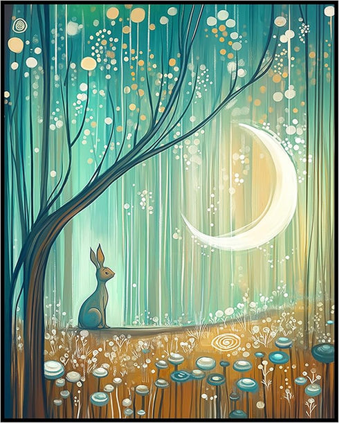 Posterizer 1 pcs-whimsical surreal forest scene with little bunny in moonlight 1-Fantasy & Fiction Art-Art for Animal Lovers-Gift for Daughter, So...